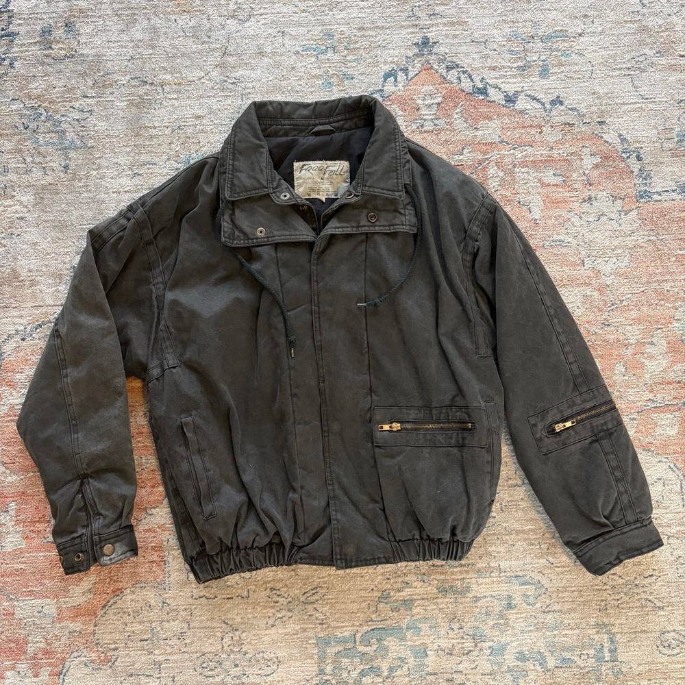 Free Fall Vintage 90s Black Canvas Bomber Jacket Gold Zip Workwear Mens Medium